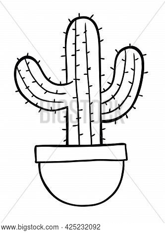 Cartoon Vector Illustration Of Cactus In Pot. Black Outlined And White Colored.