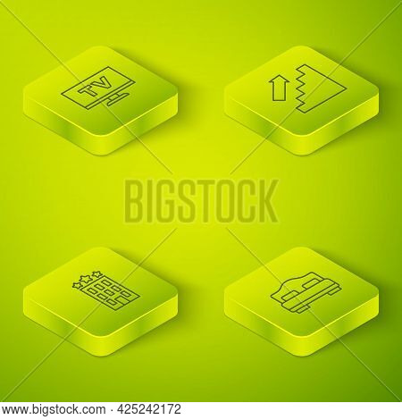 Set Isometric Line Stairs Up, Hotel Building, Room Bed And Smart Tv Icon. Vector