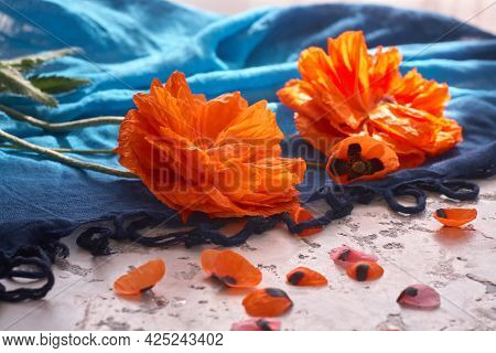 Stillife With Red Poppies On Grey Concrete Background And Purple Drappery.