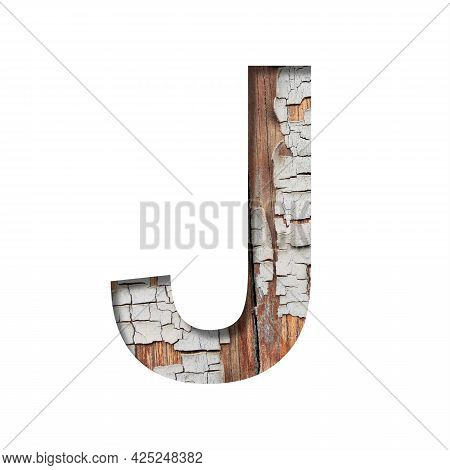 Vintage Backdrop Font.the Letter J Cut Out Of Paper Against The Background Of An Old Wooden Wall Wit