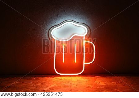 White And Orange Neon Sign Glass Of Beer. Trendy Style. Neon Sign. Custom Neon. Summer Vibe.