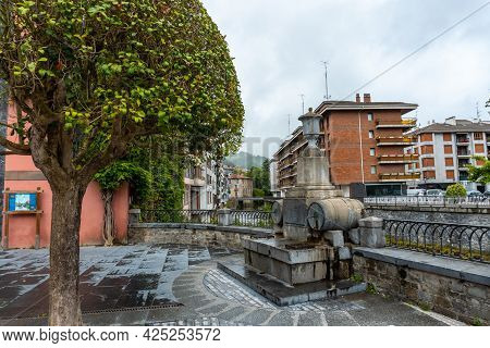 Beautiful Traditional Local Houses In The Town Of Azkoitia Next To The Urola River, Gipuzkoa. Basque
