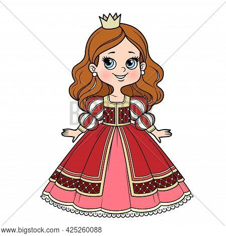 Cute Cartoon Princess Girl In Ball Gown With Lush Skirt And Little Crown Color Variation For Colorin