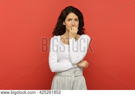 Stressed And Worried Young Woman Nervous Biting Nails Get In Trouble, Problem Situation Pensive Thin