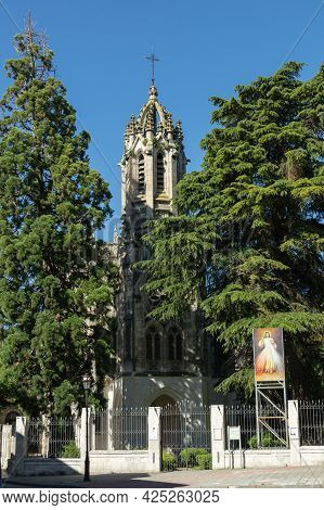 Burgos, Spain - June 29, 2021: View Of The Spires Of The Facade Of The Cathedral Of Burgos Behind So