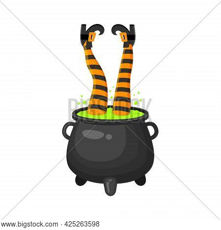 Witch Legs Upside Down In Cauldron With Green Bubbling Potion. Halloween Design Element Isolated On 