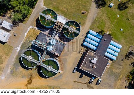 Aerial View Of The Solid Clarifier Tank Type Sludge Recirculation In Water Treatment Plant In Near B