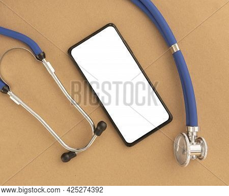 Mobile Phone Mockup With Sthethoscope And White Screen. Template Mock Up On Smartphone At Desk For M