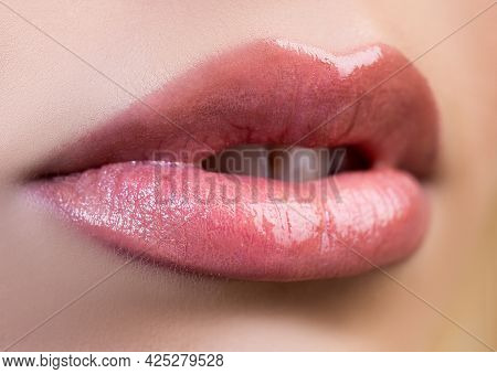 Sexy Full Lips. Gloss Of Lips And Womans Mouth. Sensual Lips.