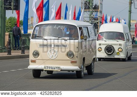 Saint Petersburg, Russia - May 25, 2019: Two Volkswagen Transporter T2 Minibuses On The Annual Parad