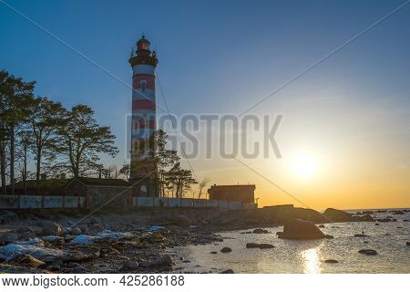 April Sunset At The Old Shepelevsky Lighthouse. Leningrad Region, Russia