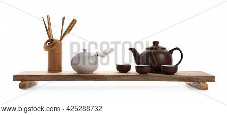 Beautiful Set For Traditional Tea Ceremony On White Background