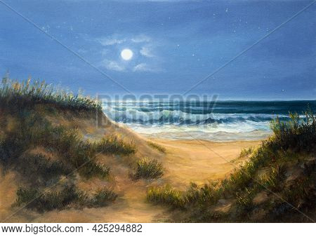 Original  Oil Painting Of Ocean Beach Dunes In The Night.moon And Stars On Canvas.modern Impressioni