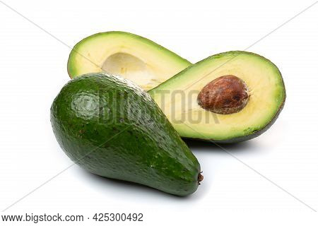 Avocado Whole Fruit And Slices, Isolated On A White Background