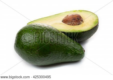 Avocado Whole Fruit And Slices, Isolated On A White Background
