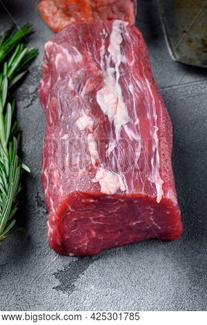 Beef Fillet Mignon Cut Raw Set, On Gray Stone Background
