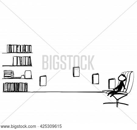 Cartoon Persoon Reading A Book On Chair. Sketch Illustration