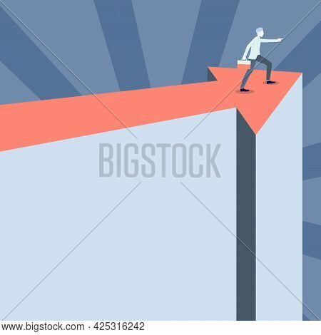 Man Illustration Carrying Suitcase Standing On Top Of Arrow Pointing Out Next Phase Targets. Gentelm