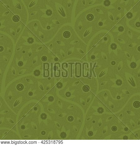 Modern Indian Florals Style Vector Seamless Pattern Background. Monochrome Sage Green Abstract Flowe