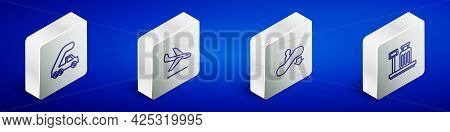 Set Isometric Line Passenger Ladder For Plane Boarding, Plane Landing, Escalator Down And Scale With