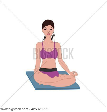 A Young Woman Does Yoga At Home Or In The Gym. The Concept Of A Healthy Lifestyle. Vector Illustrati
