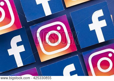 London, Uk - June 2021: Facebook And Instagrm Logos Printed Onto Paper