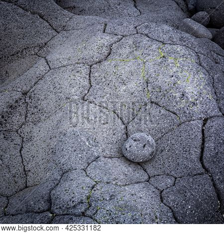 A Round Lava Stone Perfectly Fitted Into A Small Cavity In Lava Rock, Hvaleyri Beach, Iceland