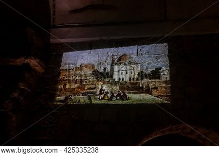 Acre, Israel, June 26, 2021 : An Animated Film About The History Of The Old Acre Is Projected Onto A
