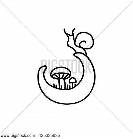 Single Hand Drawn Snail On The Moon. Doodle Vector Illustration. Isolate On A White Background. Gobl
