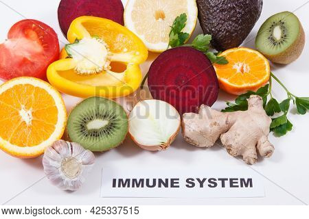 Inscription Immune System, Fresh Ripe Healthy Fruits And Vegetables Containing Natural Vitamins. Imm