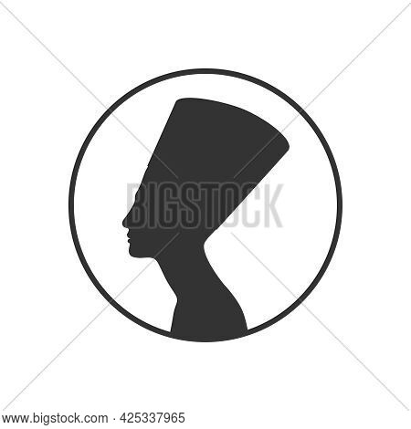 Queen Nefertiti Of Ancient Egypt Graphic Icon. Nefertiti Silhouette In The Circle Isolated On White 