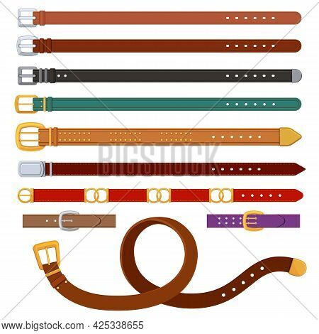 Leather Belts. Female And Male Belt With Metal Or Golden Buckles. Fashion Clothing Accessories For T