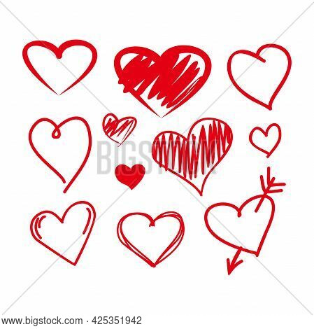 Set Of Red Abstract Love Hand Drawn Vector Illustration