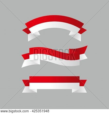 Set Of Simple Blank Indonesia Flag Ribbon Design, Modern Red And White Ribbon Shape Template Vector 