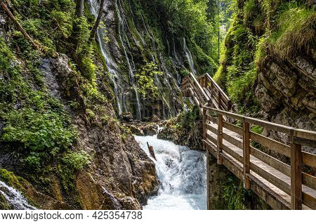 Beautiful Wimbachklamm Gorge With Wooden Path At Ramsau Bei Berchtesgaden In Germany, Europe