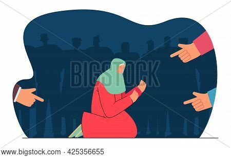 Fingers Pointing At Begging For Charity Woman. Society Condemning Person Flat Vector Illustration. A