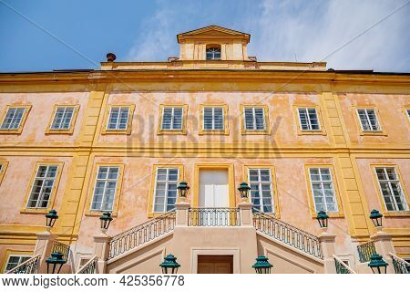 Krasny Dvur Chateau, North Bohemia, Czech Republic, 19 June 2021: Baroque Yellow Castle With Stairs,