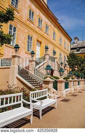 Krasny Dvur Chateau, North Bohemia, Czech Republic, 19 June 2021: Baroque Yellow Castle With Stairs,