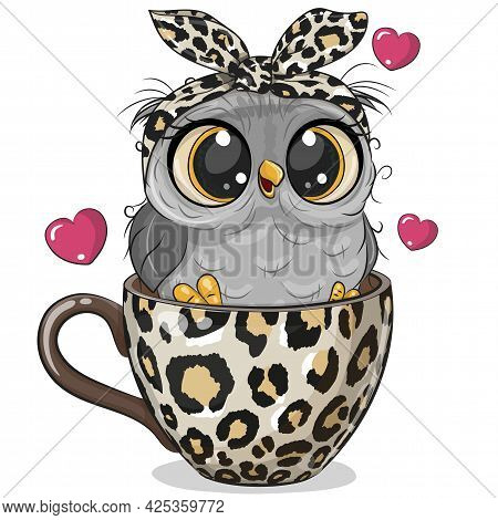 Cute Cartoon Owl With A Bow Is Sitting In A Cup