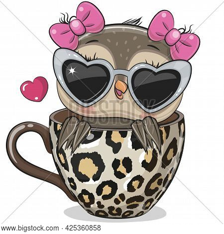 Cute Cartoon Owl With A Bows And Glasses Is Sitting In A Cup