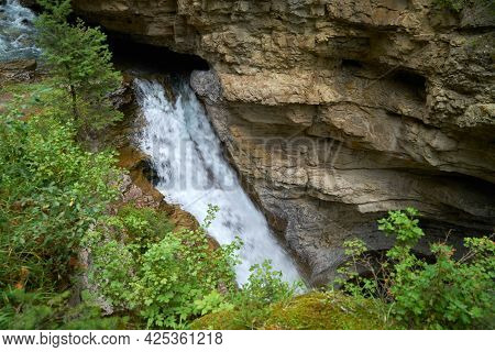 Johnston Canyon Falls Banff National Park Canada. One Of The Many Waterfalls In Johnston Canyon, Ban