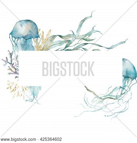 Watercolor Underwater Frame Of Jellyfishes, Linear Laminaria And Gold Corals. Tropical Animals And P