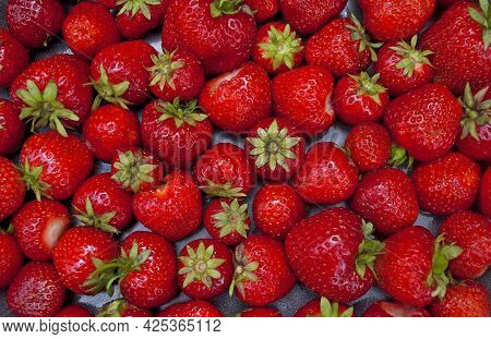 Strawberry Background Full Frame. Ripe Homemade Strawberries.