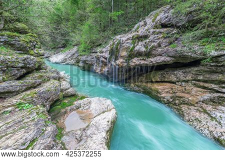 Kurdzhips River In The Deep Narrow Guam Canyon. Western Caucasus. Russia.