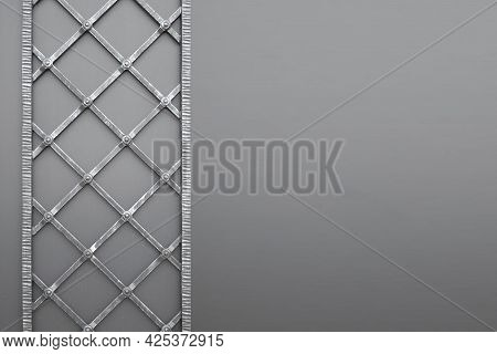 Forged Decorative Iron Fence. A Gray-blue Patterned Fence In An Architectural And Historical Place. 