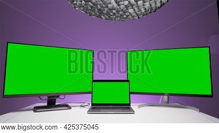 Three Computer Devices With Green Screens. Action. Several Computer Monitors With Green Chromakey Fo