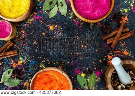 Holi Festival Celebration. Traditional Indian Colorful Holi Powder Decoration. Top View Of Organic G