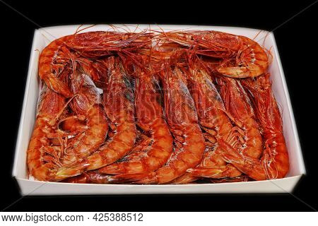 Italian Red Prawns Or Shrimps Known As Gambero Rosso Arranged In A Packet