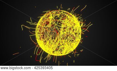 3d Rendering, Computer Generated Sphere Or Ball Of Numerous Neon Scribbles Particles And Lines On A 