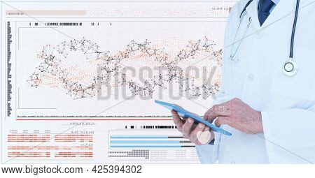 Male doctor using digital tablet against network of connections and medical data processing. medical research and science technology concept